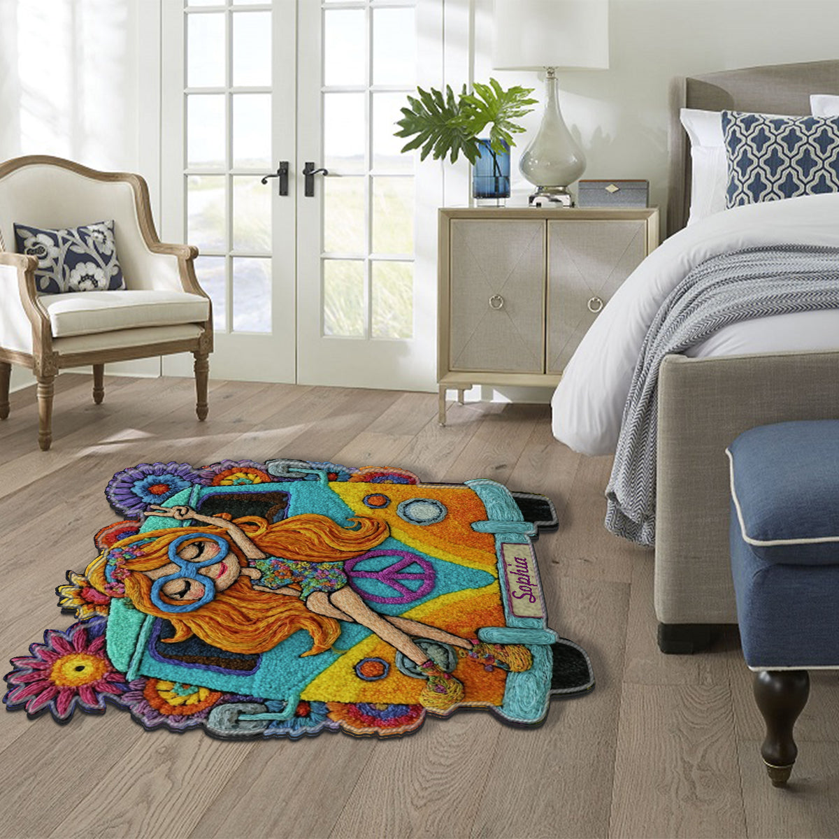 Hippie-Mädchen – Personalisierter, rutschfester Hippie-Teppich