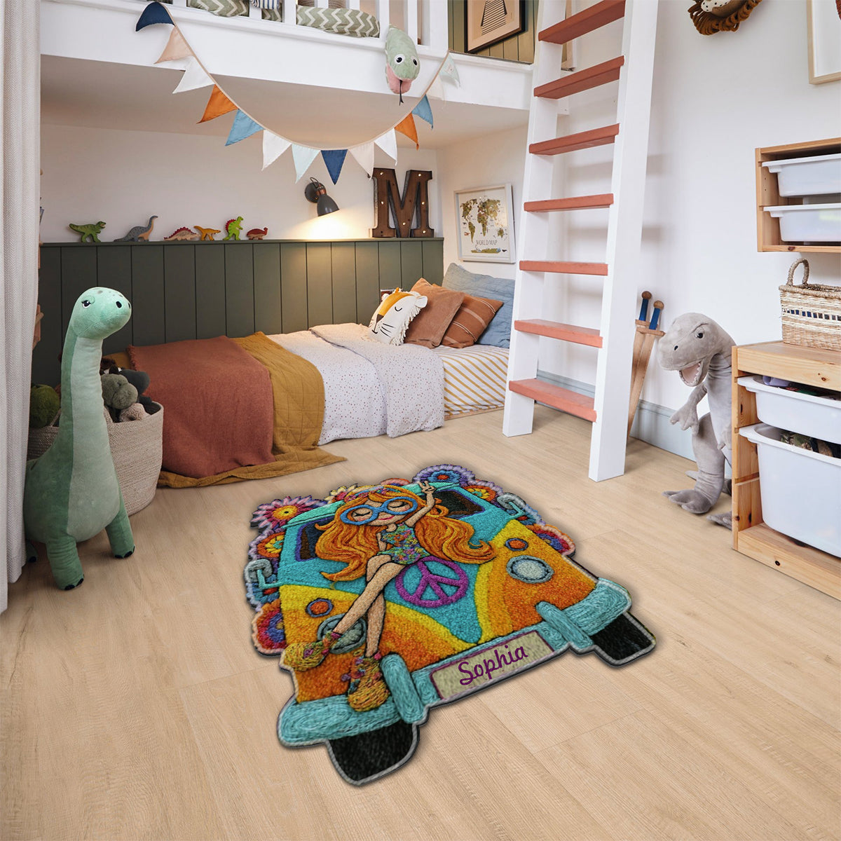 Hippie-Mädchen – Personalisierter, rutschfester Hippie-Teppich