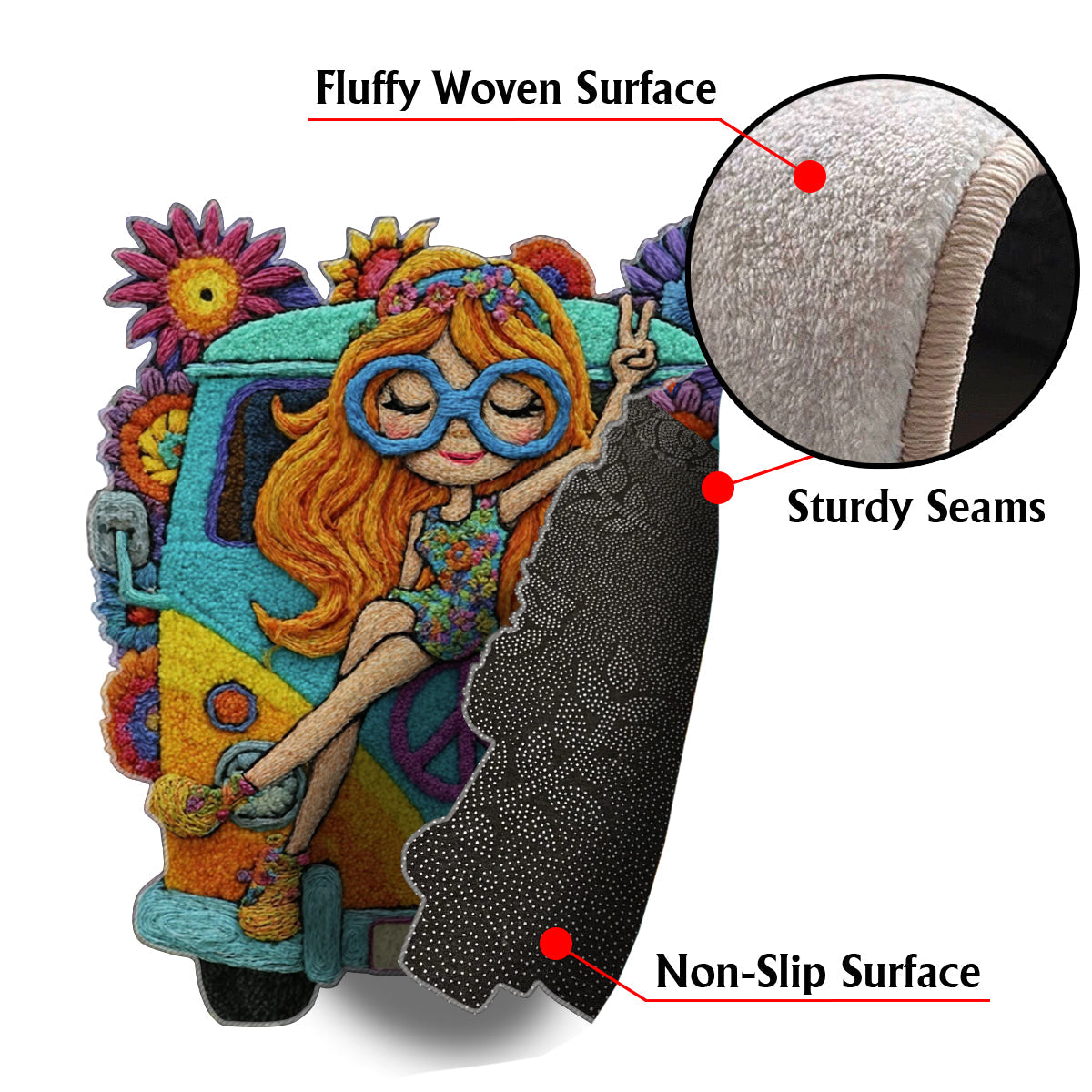 Hippie-Mädchen – Personalisierter, rutschfester Hippie-Teppich