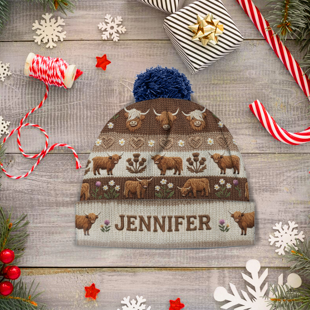 Bauernhofleben – Personalisierte Highland Cow Beanie-Mütze