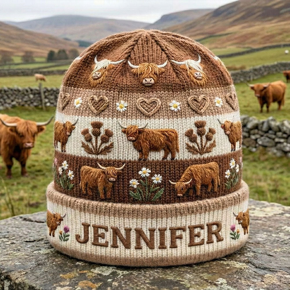 Bauernhofleben – Personalisierte Highland Cow Beanie-Mütze