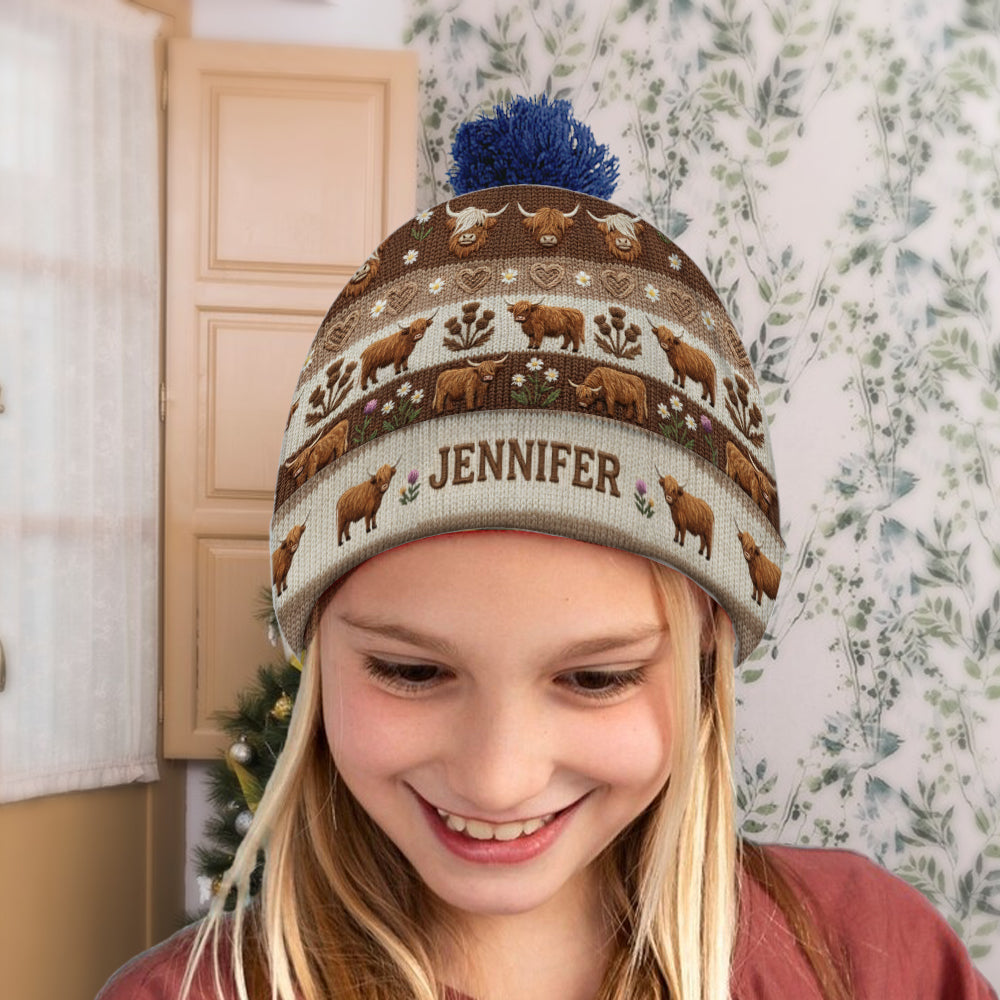 Bauernhofleben – Personalisierte Highland Cow Beanie-Mütze