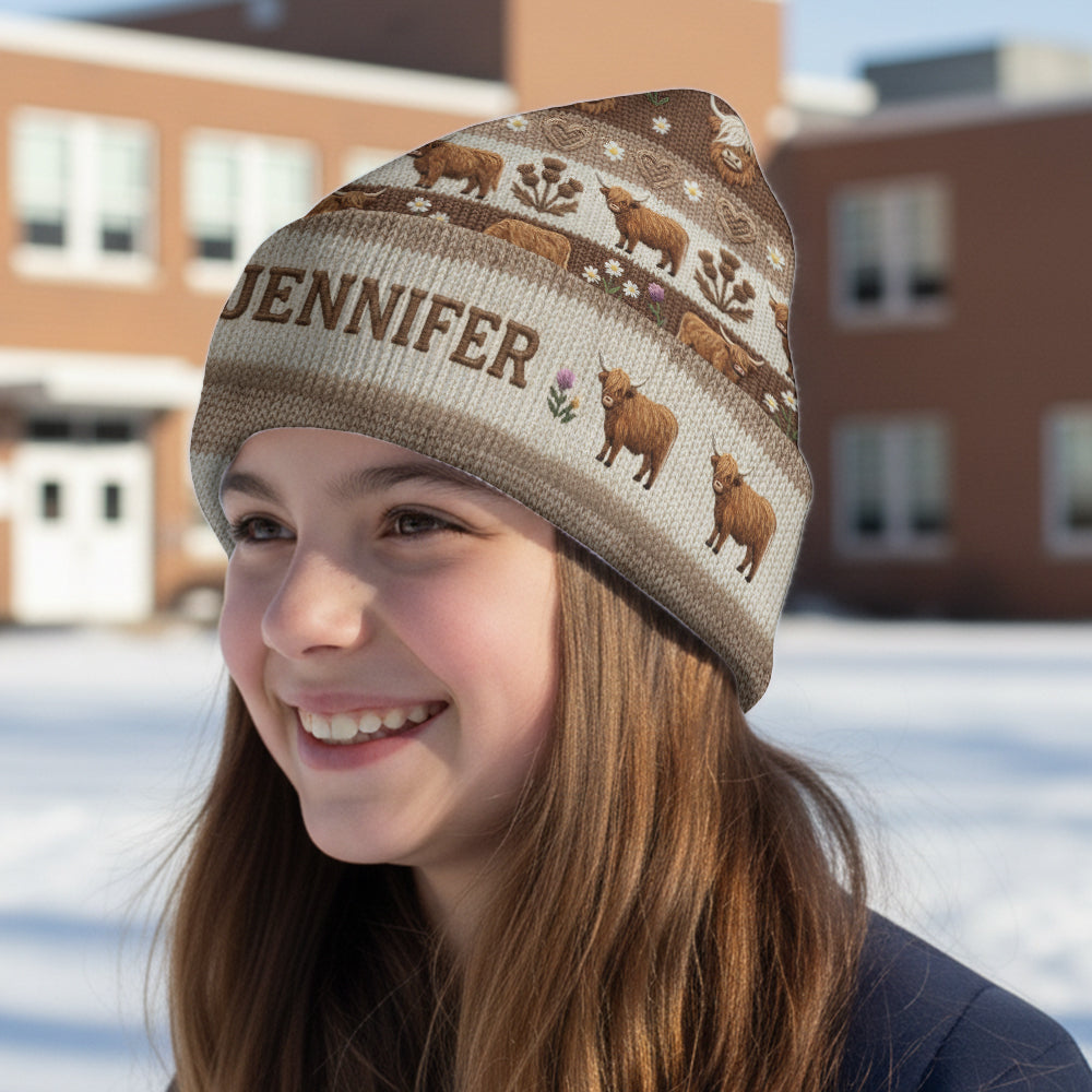 Bauernhofleben – Personalisierte Highland Cow Beanie-Mütze