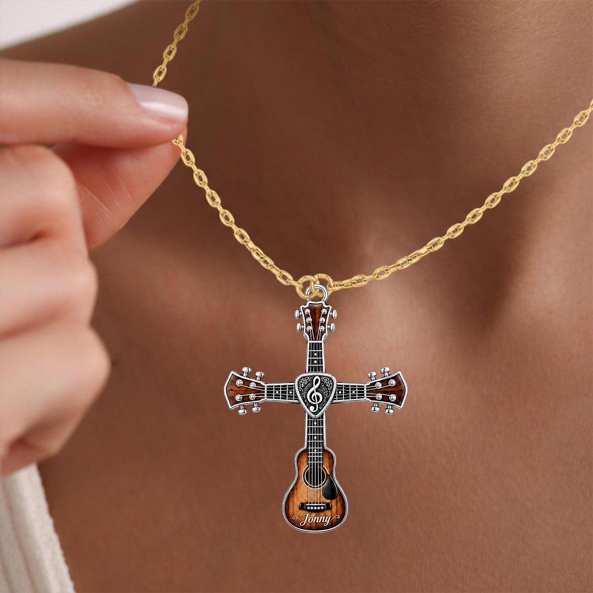Love God, Love Music - Personalized Guitar Shaped Metal Pendant Necklace
