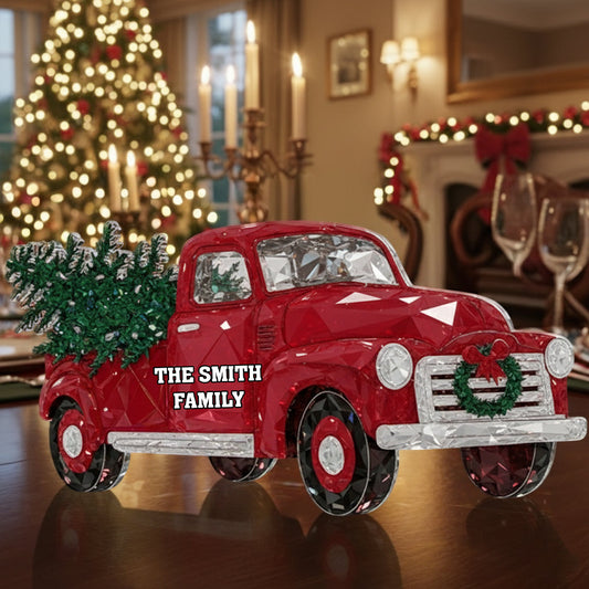 Kristallroter Truck – Frohe Weihnachten – Personalisierte Acrylplakette in individueller Familienform