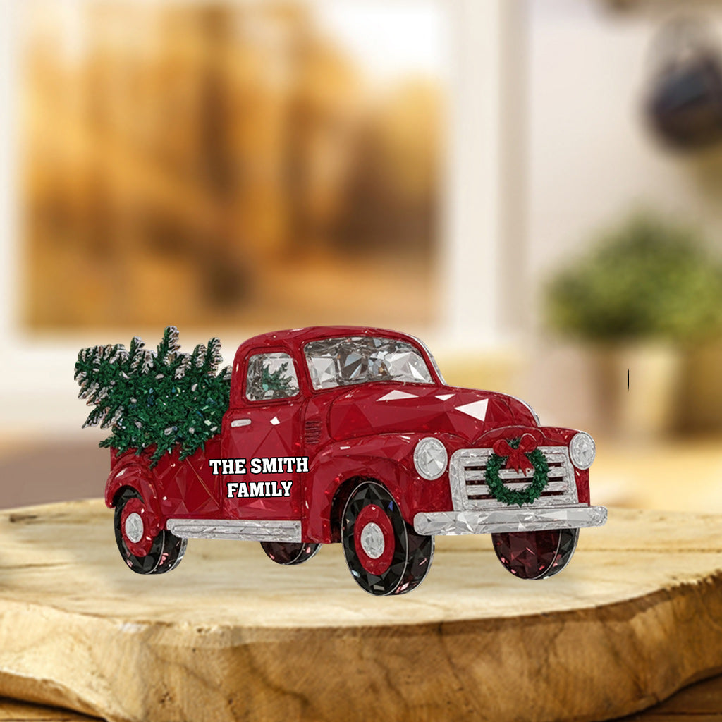 Kristallroter Truck – Frohe Weihnachten – Personalisierte Acrylplakette in individueller Familienform