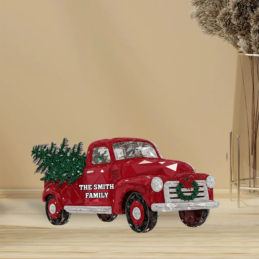 Kristallroter Truck – Frohe Weihnachten – Personalisierte Acrylplakette in individueller Familienform