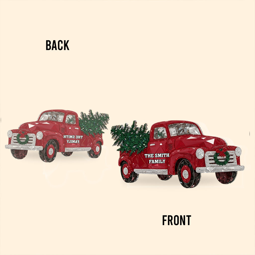 Kristallroter Truck – Frohe Weihnachten – Personalisierte Acrylplakette in individueller Familienform