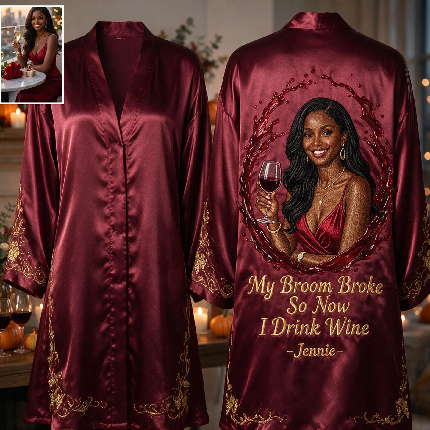 My Broom Broke - Personalized Wine Satin Robe