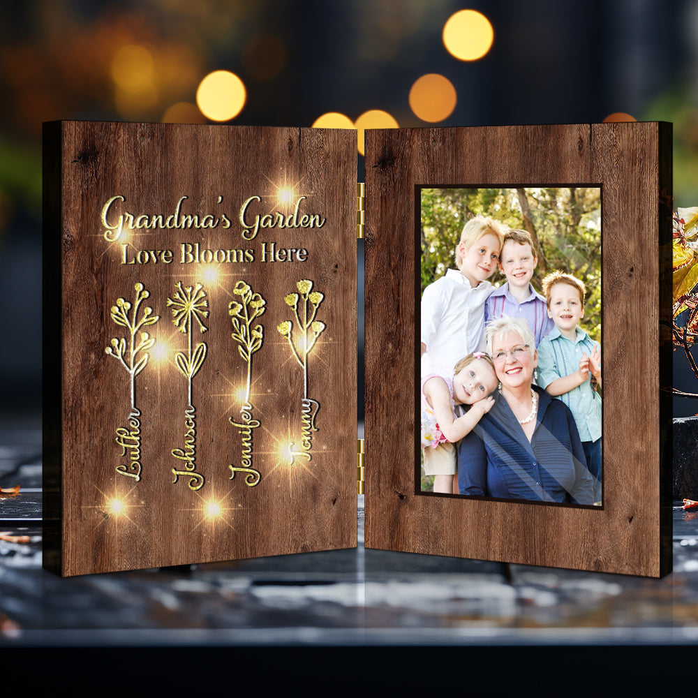 Omas Garten – Personalisierter, faltbarer Bilderrahmen mit Beleuchtung für Oma