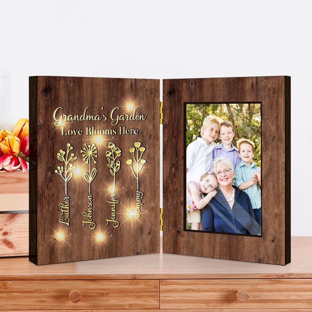 Omas Garten – Personalisierter, faltbarer Bilderrahmen mit Beleuchtung für Oma