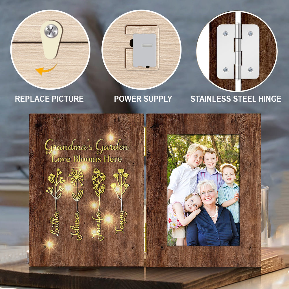 Omas Garten – Personalisierter, faltbarer Bilderrahmen mit Beleuchtung für Oma