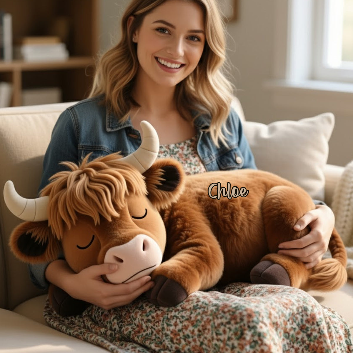 Schlafendes Hochlandrind – Personalisiertes Kissen in Form eines Hochlandrindes aus Kunstfell