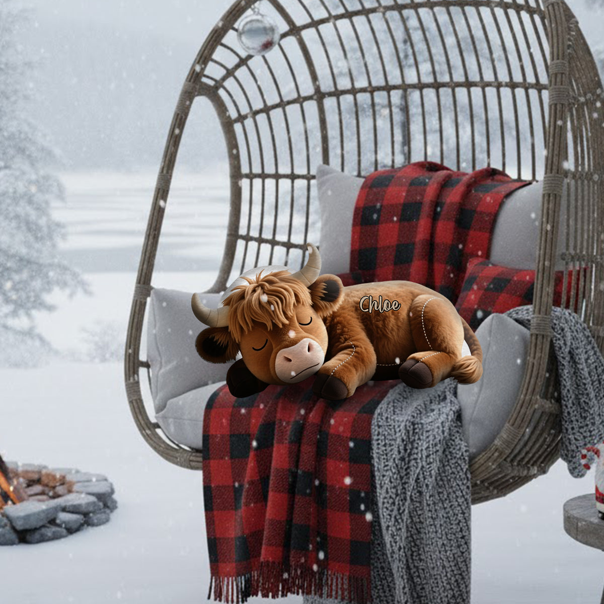 Schlafendes Hochlandrind – Personalisiertes Kissen in Form eines Hochlandrindes aus Kunstfell