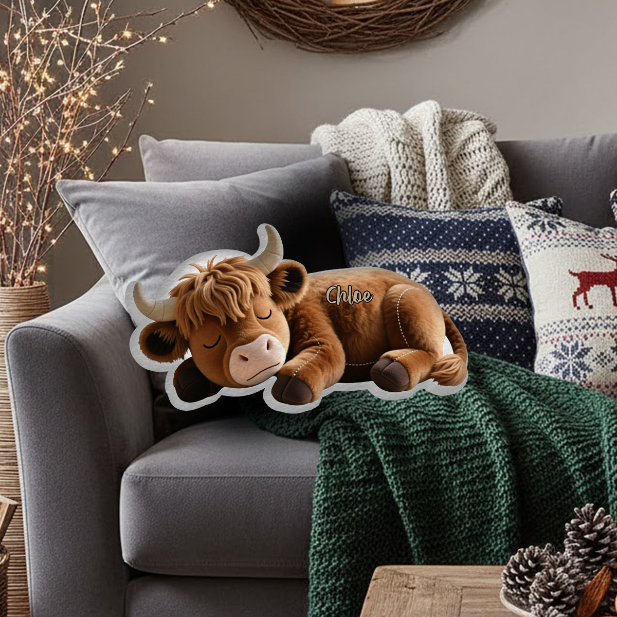 Schlafendes Hochlandrind – Personalisiertes Kissen in Form eines Hochlandrindes aus Kunstfell