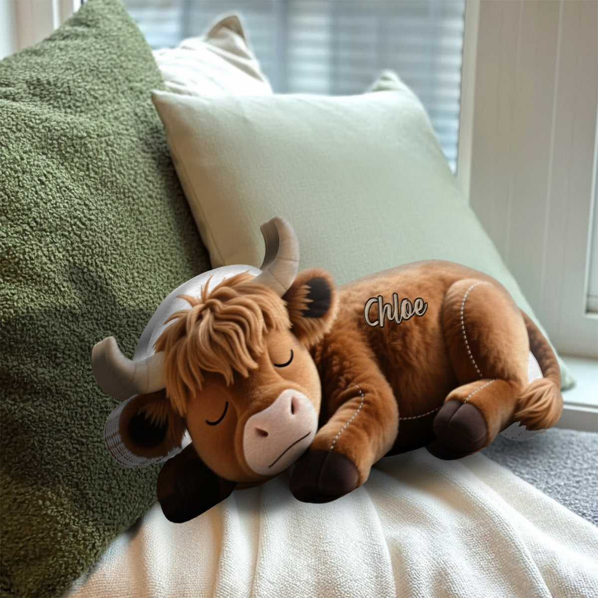 Schlafendes Hochlandrind – Personalisiertes Kissen in Form eines Hochlandrindes aus Kunstfell
