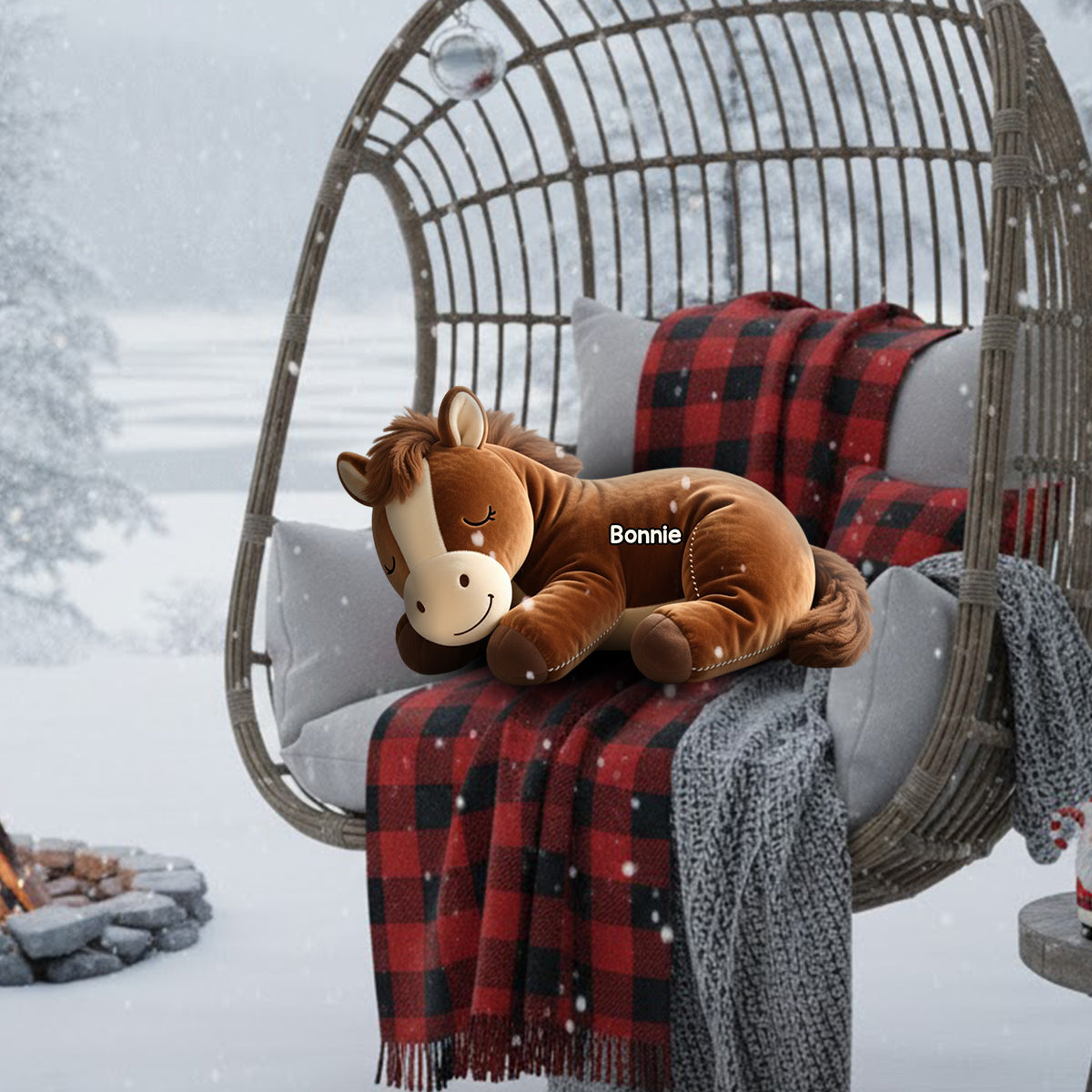 Schlafendes Pony – Personalisiertes Kissen in Pferdeform aus Kunstfell