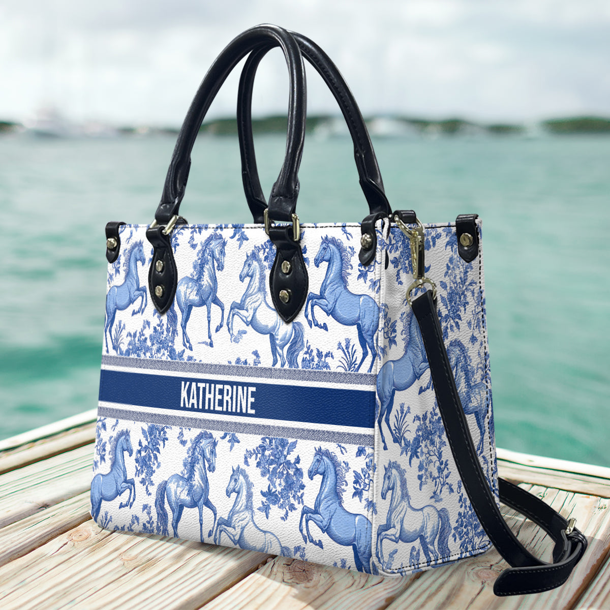 Personalisierte Handtasche aus Pferdeleder mit Toile-de-Jouy-Muster