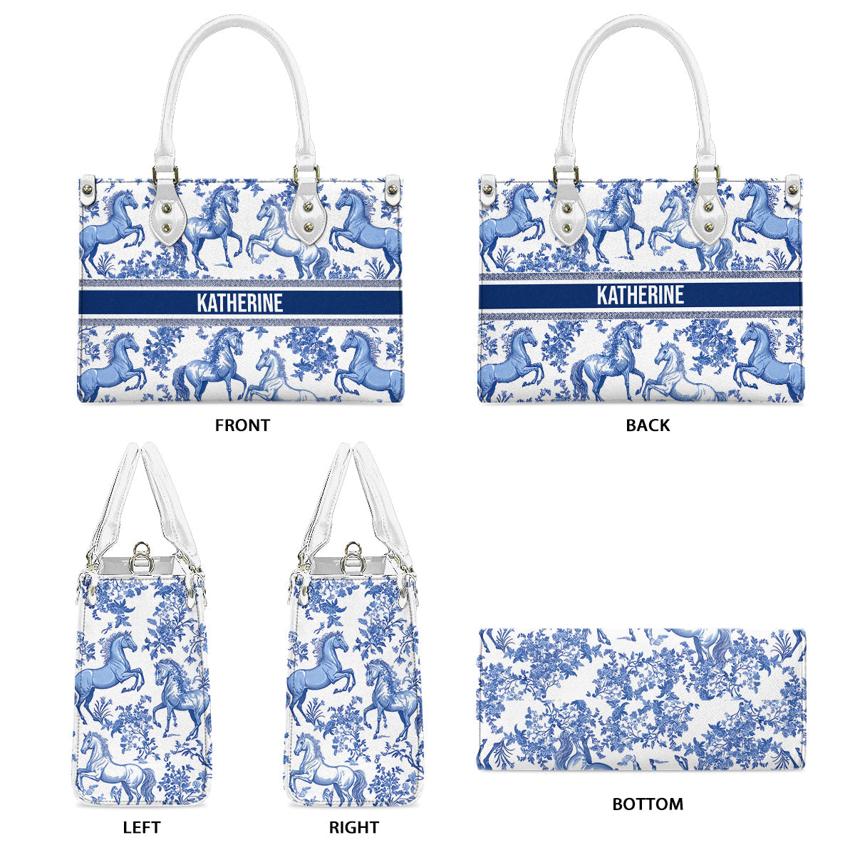 Personalisierte Handtasche aus Pferdeleder mit Toile-de-Jouy-Muster