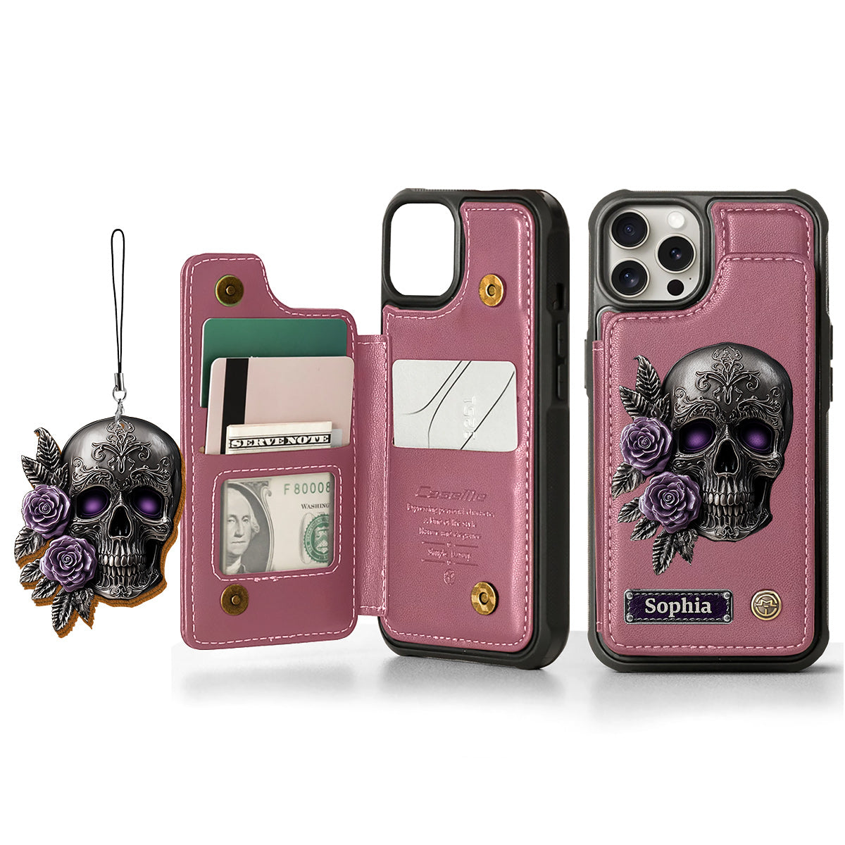 Totenkopf und Rosen – Personalisierte Totenkopf-Handyhülle mit Brieftaschenfunktion