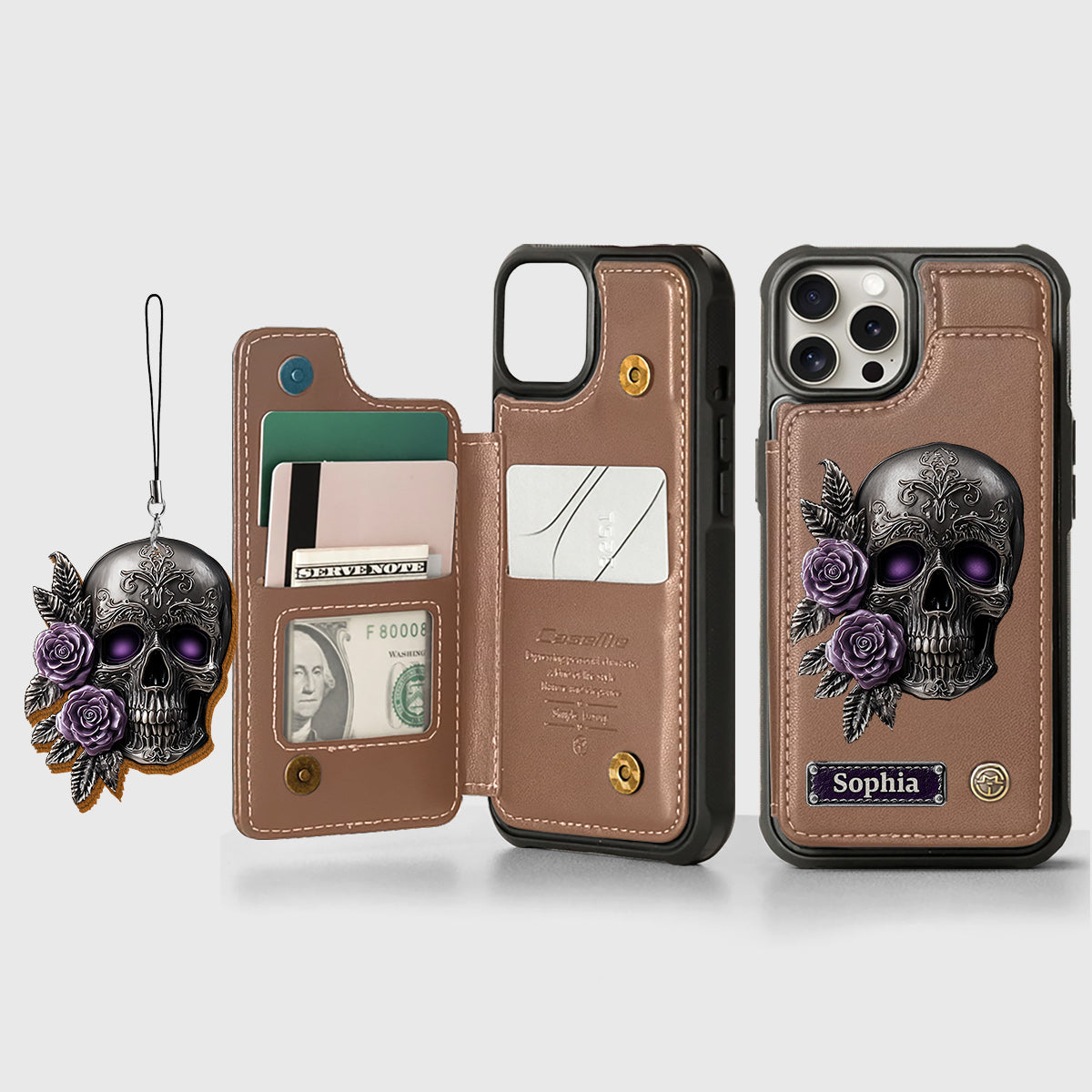 Totenkopf und Rosen – Personalisierte Totenkopf-Handyhülle mit Brieftaschenfunktion