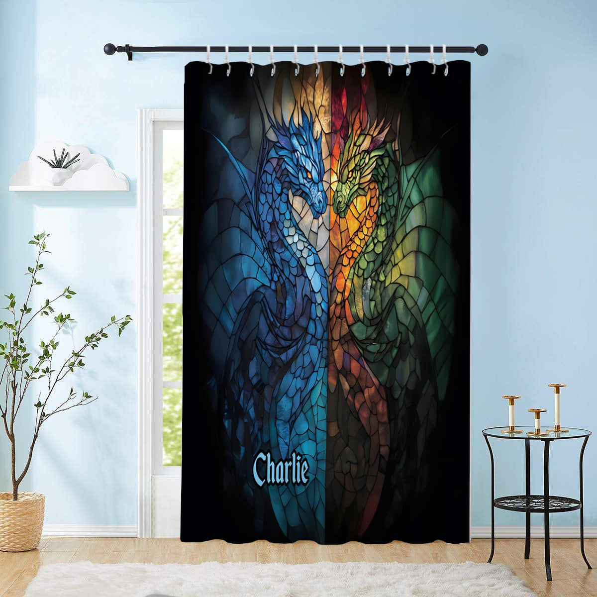 Drachenkampf – Personalisierter, blickdichter Drachen-Fenstervorhang/Gardinen-Set