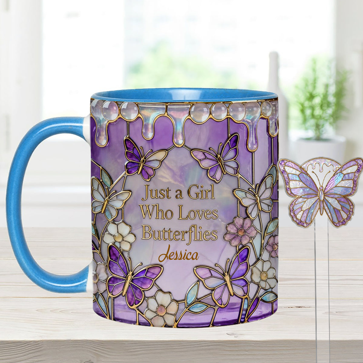 Just A Girl Who Loves Butterflies - Personalized Butterfly Set Accent Mug with Acrylic Stirrers