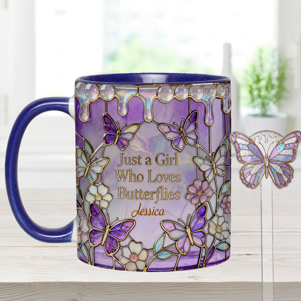 Just A Girl Who Loves Butterflies - Personalized Butterfly Set Accent Mug with Acrylic Stirrers