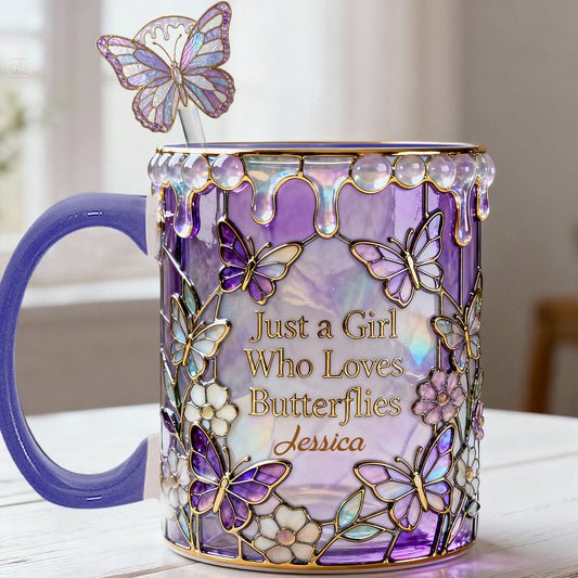 Just A Girl Who Loves Butterflies - Personalized Butterfly Set Accent Mug with Acrylic Stirrers