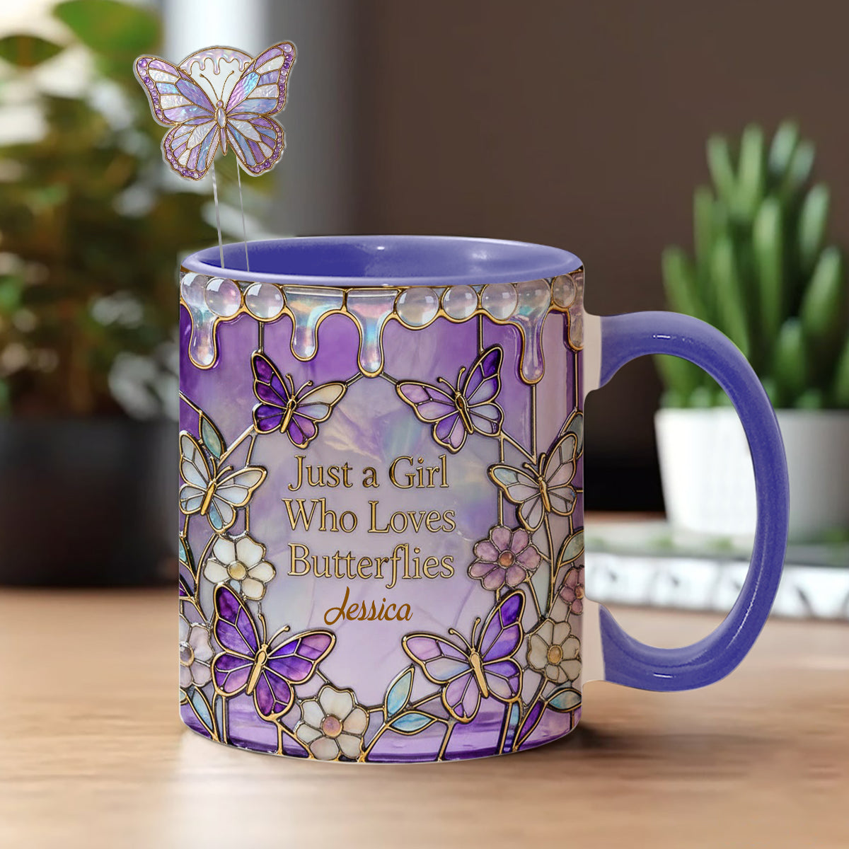 Just A Girl Who Loves Butterflies - Personalized Butterfly Set Accent Mug with Acrylic Stirrers