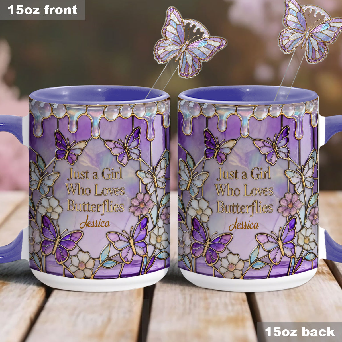 Just A Girl Who Loves Butterflies - Personalized Butterfly Set Accent Mug with Acrylic Stirrers