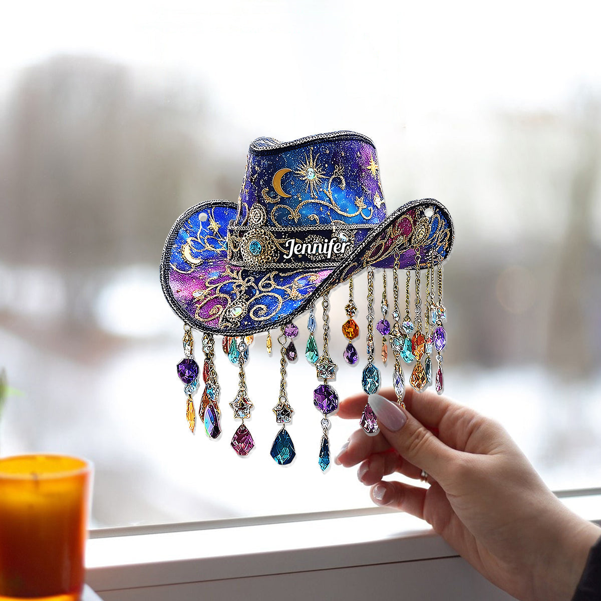 Wunderschöner Cowboyhut – Personalisierter Cowgirl-Fensterhänger als Sonnenfänger