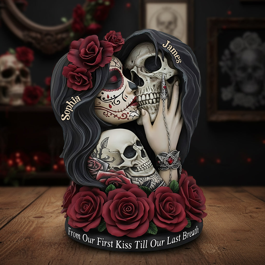 Vom ersten Kuss bis zum letzten Atemzug – personalisierte Totenkopf-Acrylplakette in individueller Form