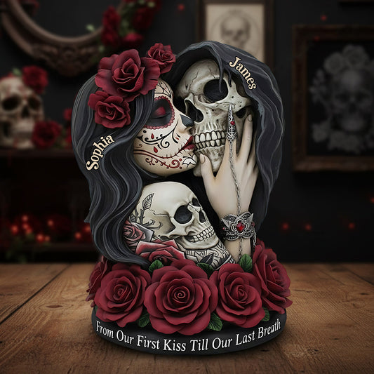 Vom ersten Kuss bis zum letzten Atemzug – personalisierte Totenkopf-Acrylplakette in individueller Form