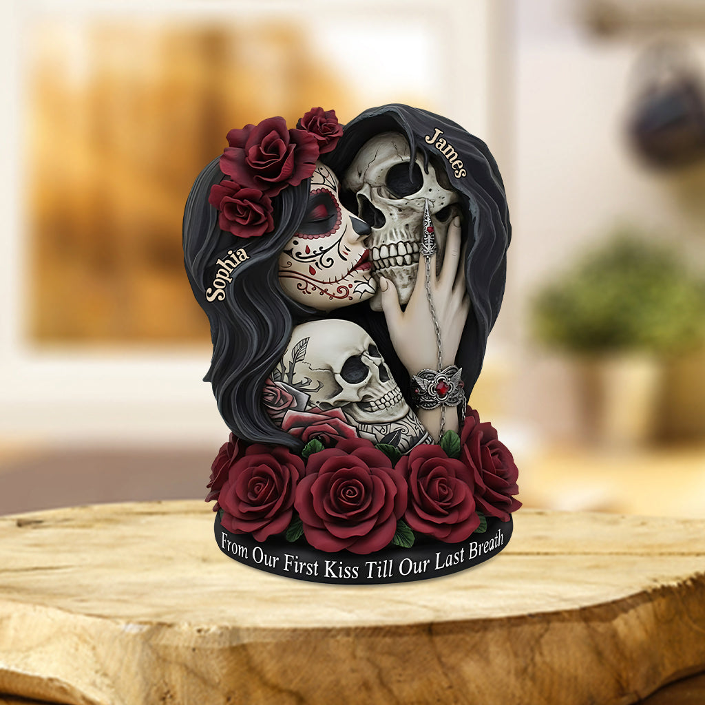 Vom ersten Kuss bis zum letzten Atemzug – personalisierte Totenkopf-Acrylplakette in individueller Form