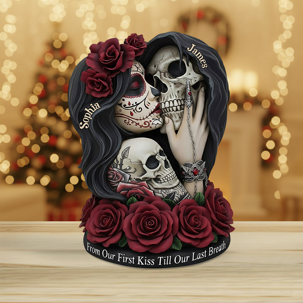Vom ersten Kuss bis zum letzten Atemzug – personalisierte Totenkopf-Acrylplakette in individueller Form