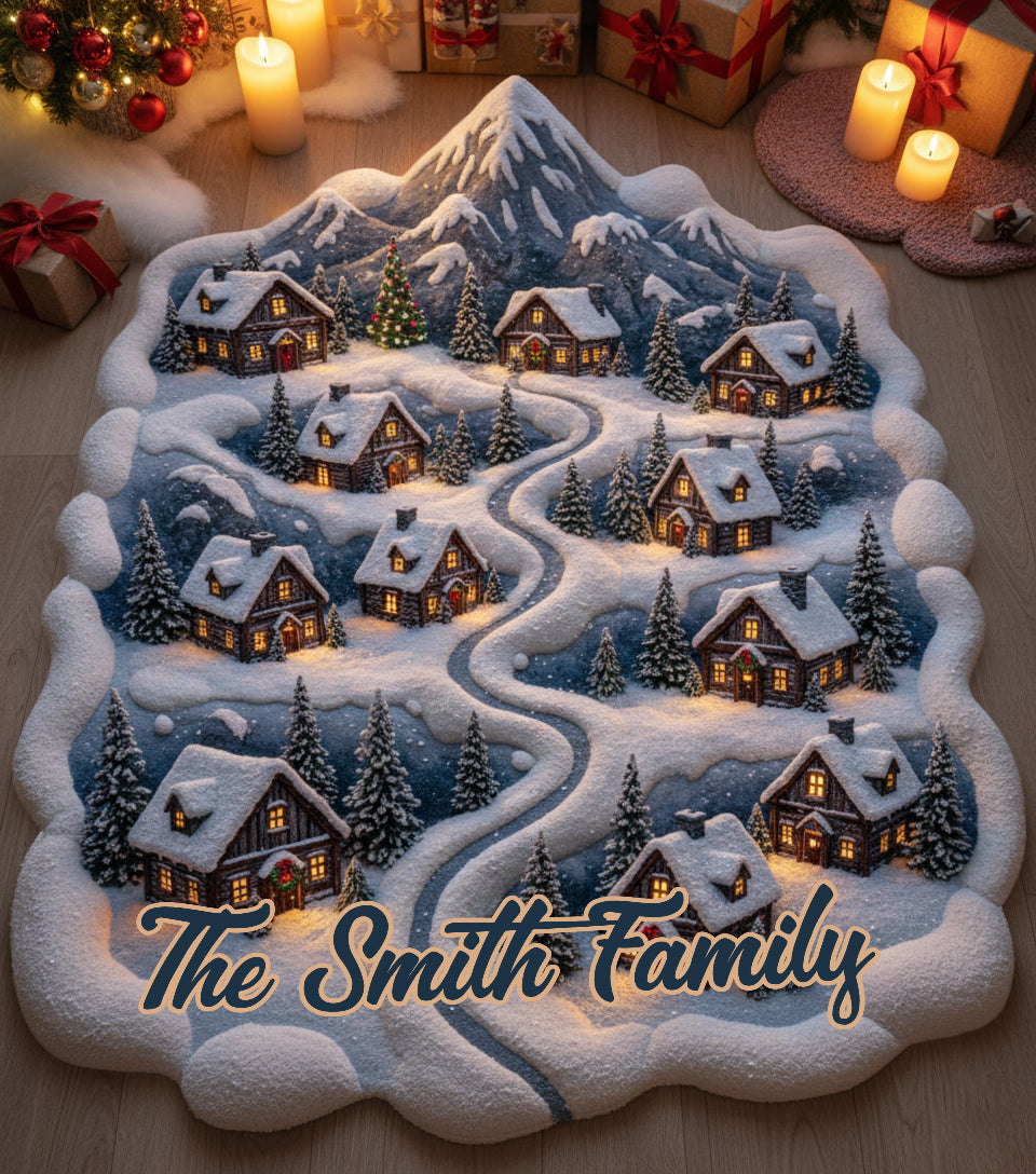 Snowy Mountain Village – Personalisierter, rutschfester, getufteter Familienteppich