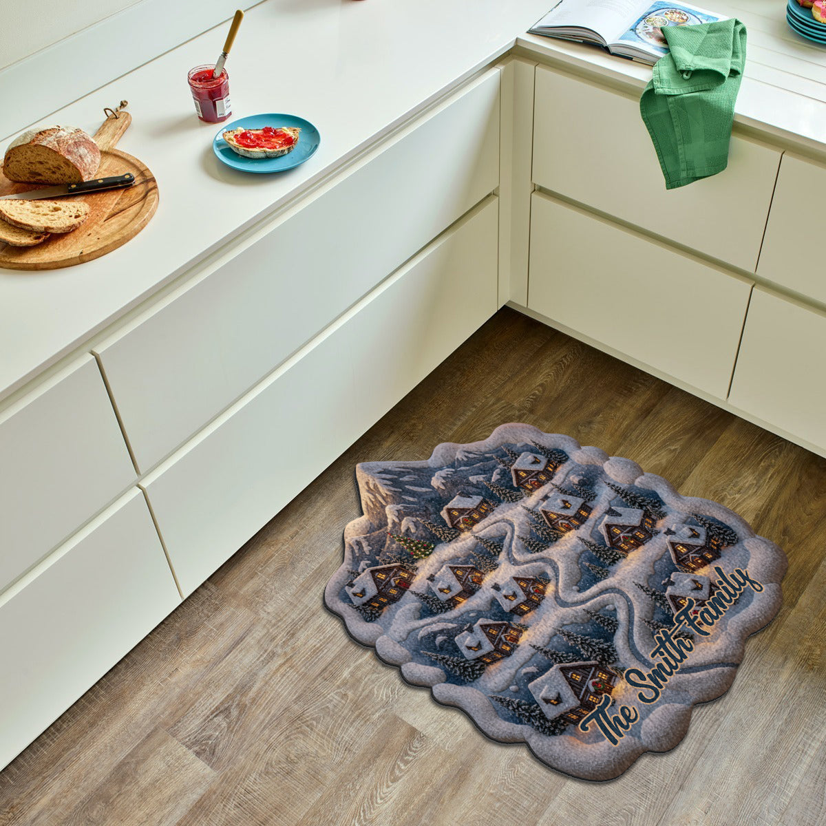 Snowy Mountain Village – Personalisierter, rutschfester, getufteter Familienteppich