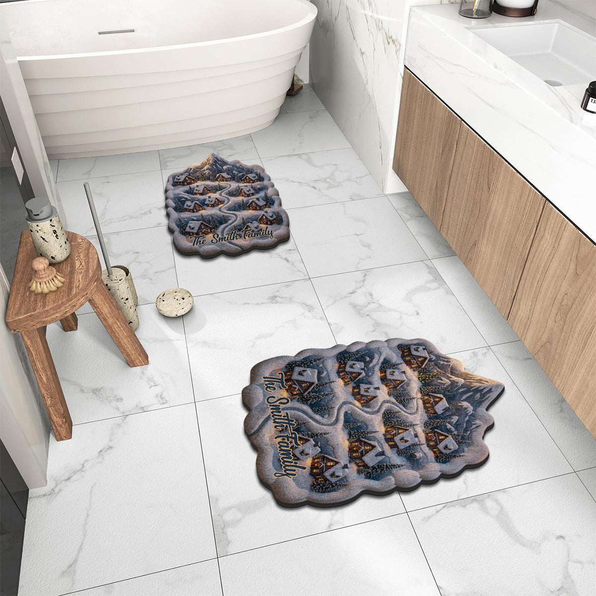 Snowy Mountain Village – Personalisierter, rutschfester, getufteter Familienteppich