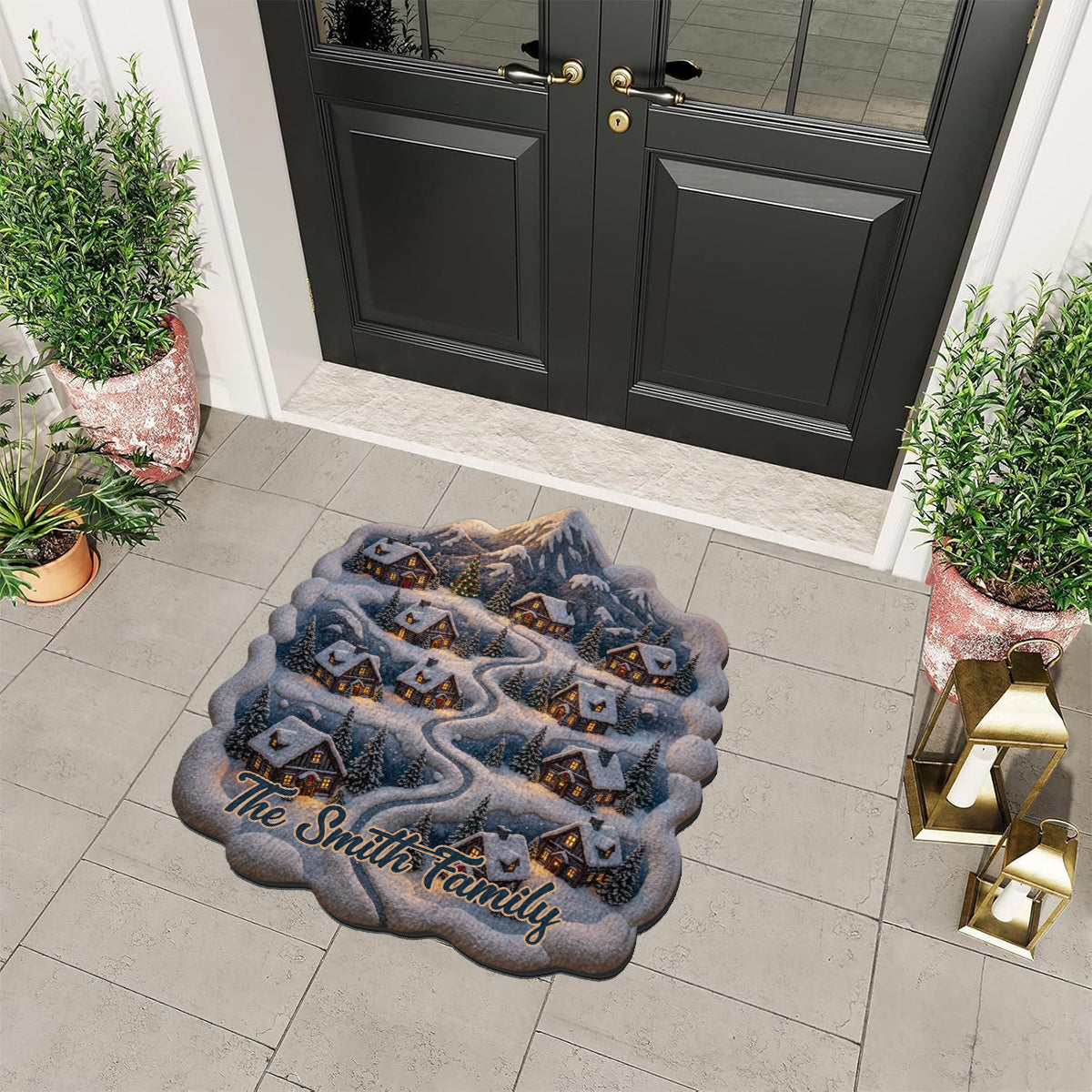Snowy Mountain Village – Personalisierter, rutschfester, getufteter Familienteppich