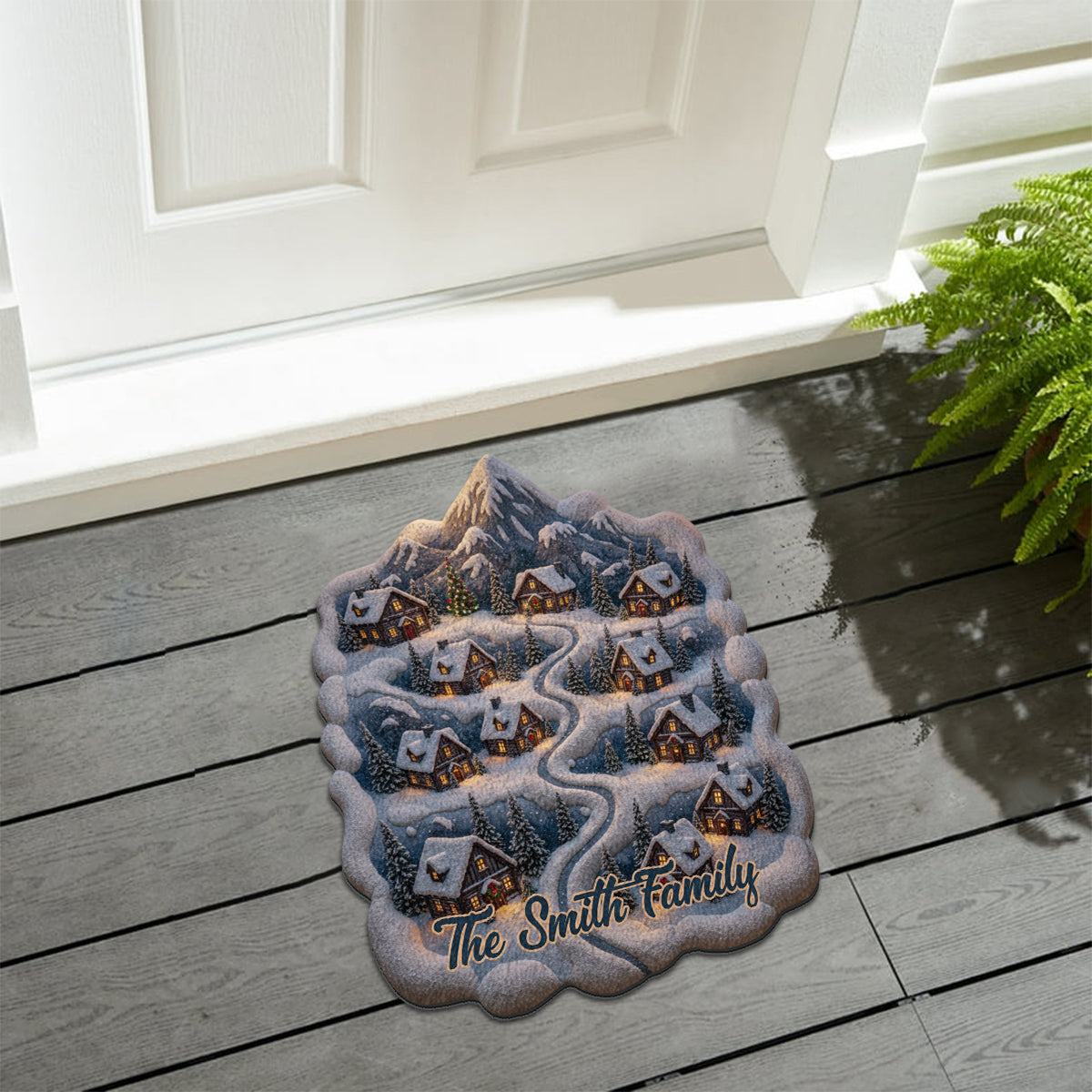 Snowy Mountain Village – Personalisierter, rutschfester, getufteter Familienteppich