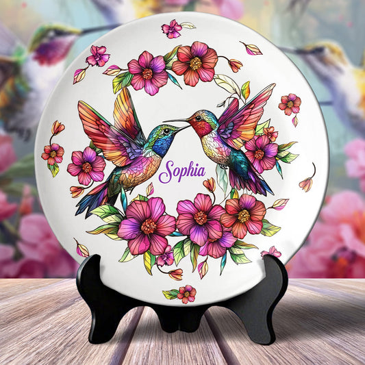 Bunter Kolibri – Personalisierter runder Keramikteller mit Kolibri-Motiv