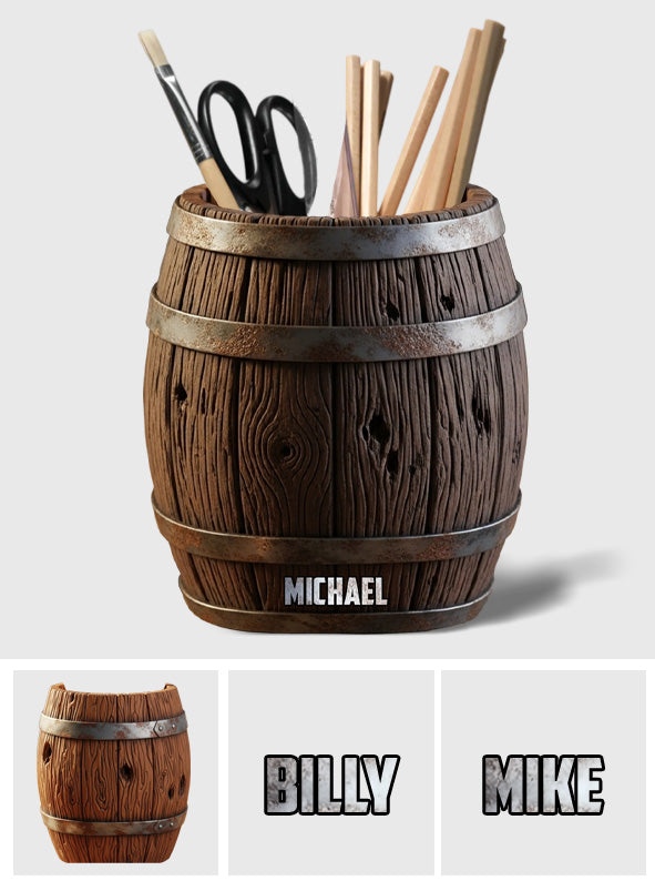 Witziges Bierfass aus Holz – personalisierter Stiftehalter aus Holz