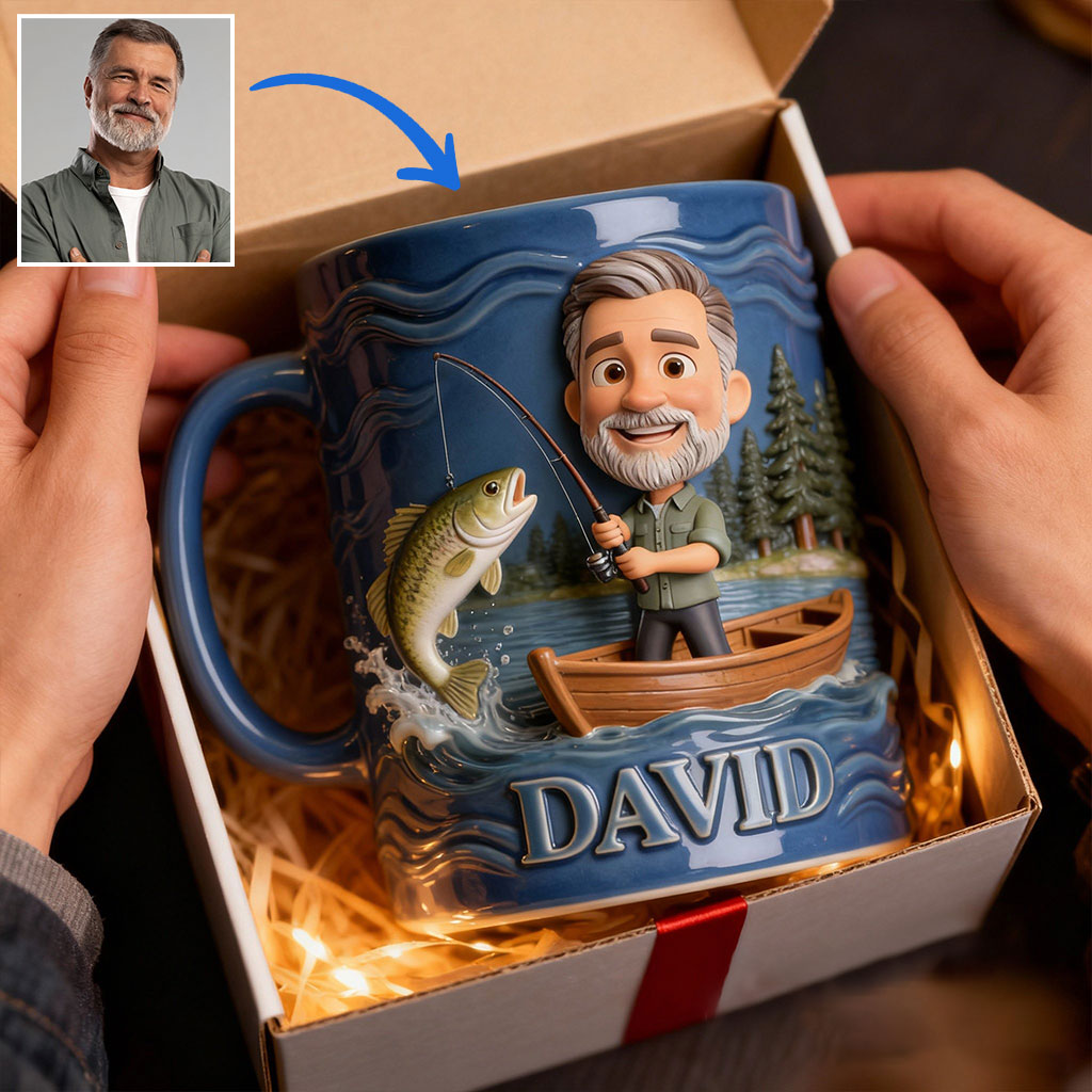Lustige Karikatur-Tasse nach Wunschfoto - Personalisierte Tasse mit Angelmotiv