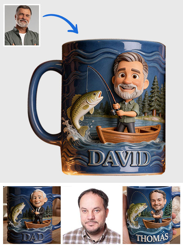 Lustige Karikatur-Tasse nach Wunschfoto - Personalisierte Tasse mit Angelmotiv