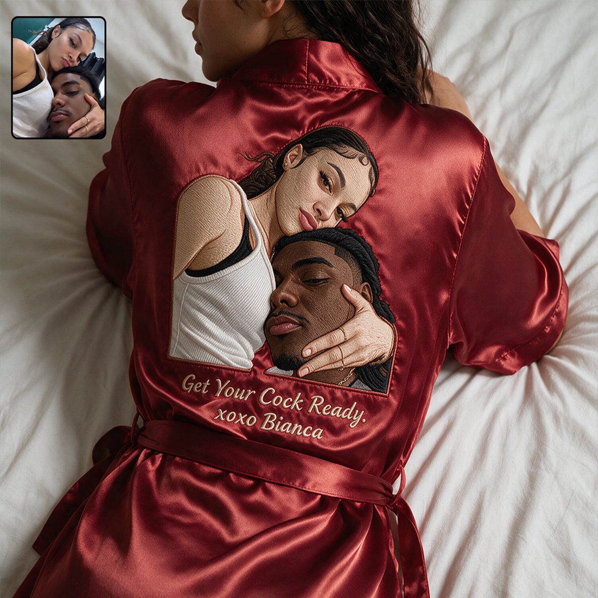 Danke für alle Orgasmen - Personalisierte heiße Satinrobe für Paare