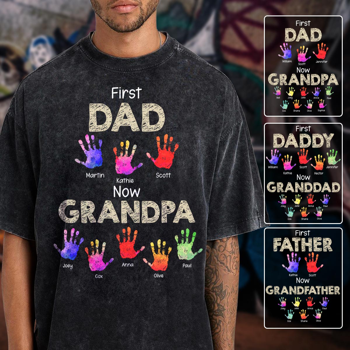 Erst Papa, jetzt Opa – Handabdrücke - Personalisiertes Opa-Wasch-T-Shirt