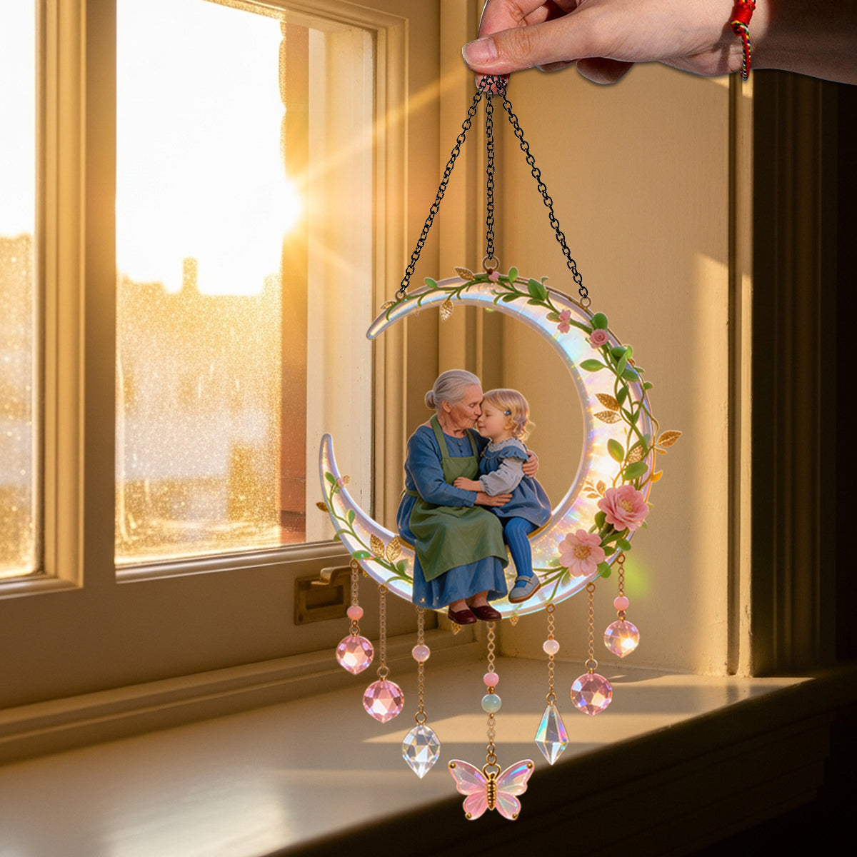 Ich liebe dich bis zum Mond, Geschenk für Mama und Oma - Personalisierter Fensterhänger mit Anhängern