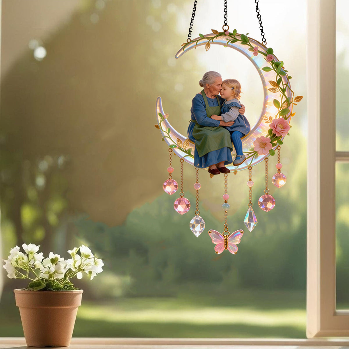 Ich liebe dich bis zum Mond, Geschenk für Mama und Oma - Personalisierter Fensterhänger mit Anhängern