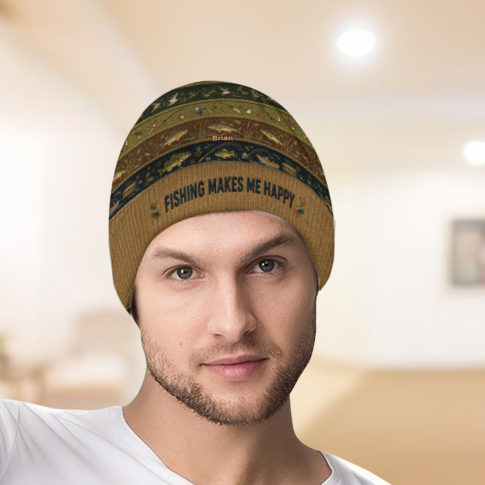 Fishing Makes Me Happy - Personalized Fishing Beanie Hat